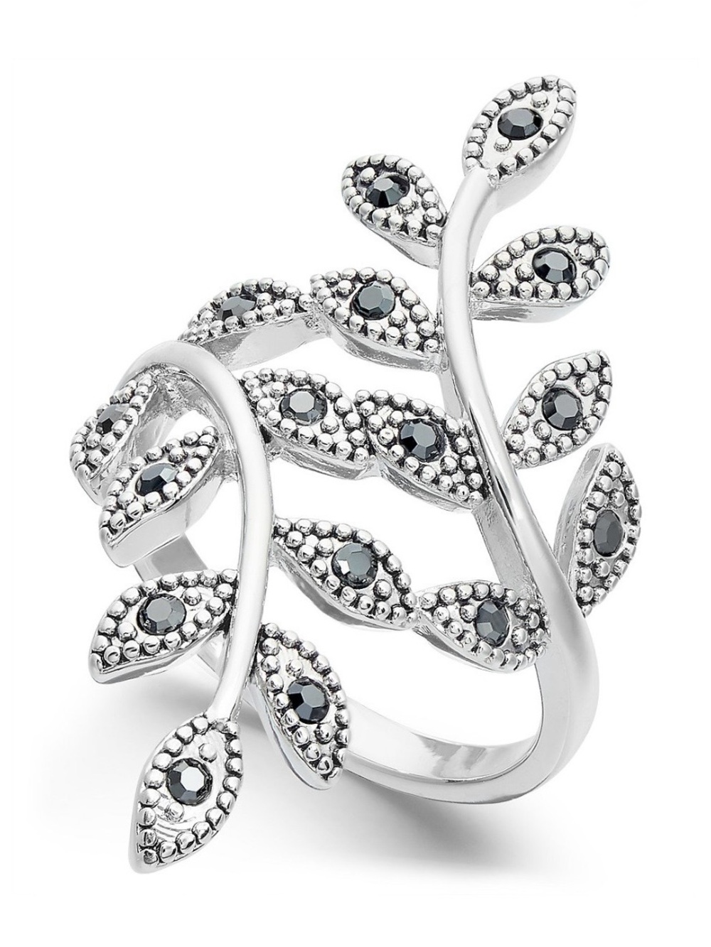 I.N.C. International Concepts Crystal Leaf Wrap Ring Silver Tone Hematite Size 7